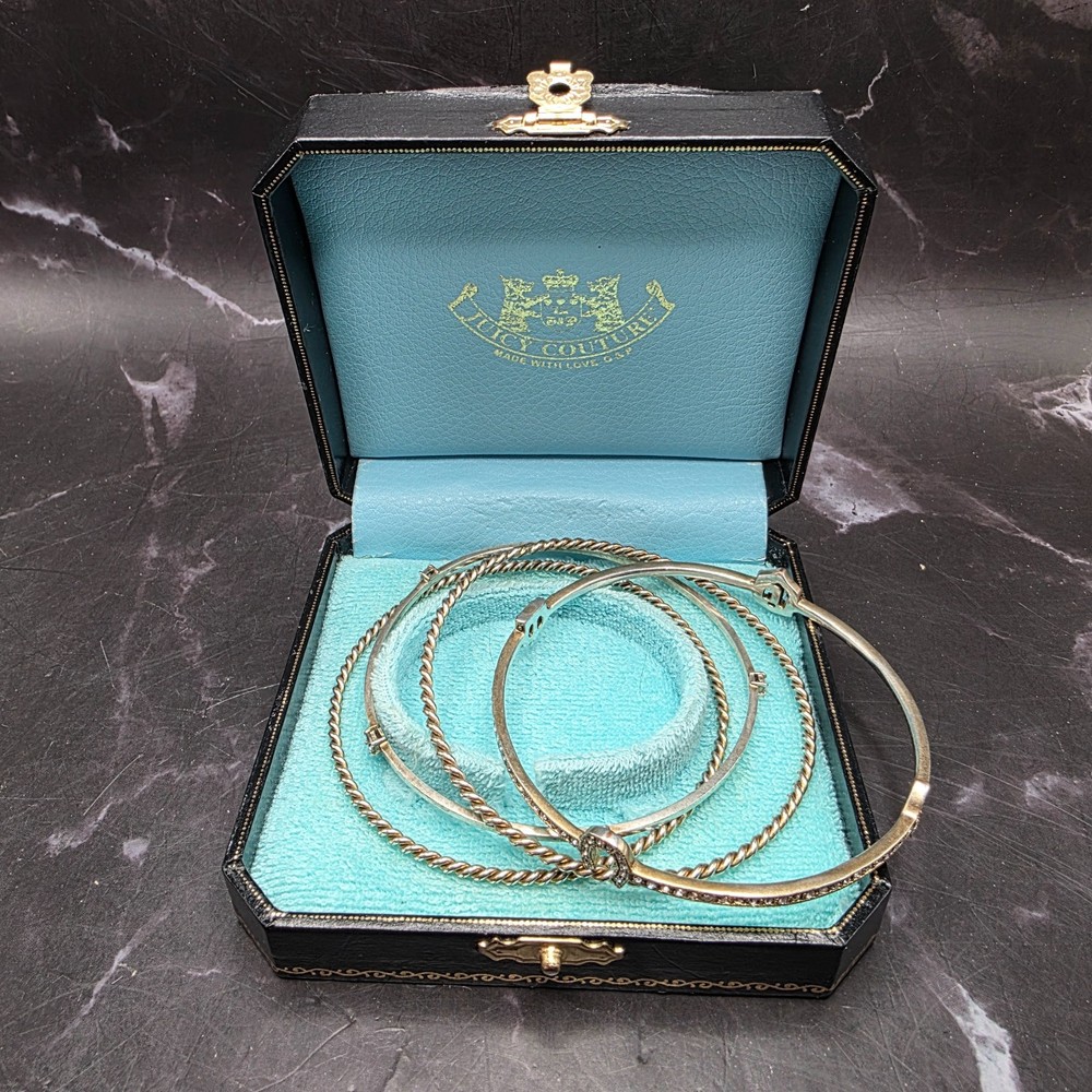 Vtg Juicy Couture Rhinestone Gold Tone Stacking Bangle Bracelets in Original Box