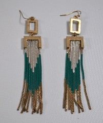 Vtg Pierced Hook Earrings w/ Box Chain Dangles Gold Silver Turquoise Color 4″