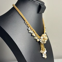 Vintage High End White Cream Clear Beads AB Rhinestone Gold Tone Mesh Necklace