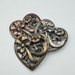 K&T Signed Triple Heart Tiered Goldtone Silvertone Copper Colored Brooch Pin