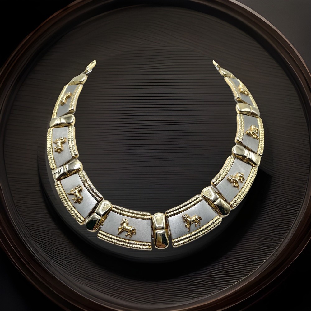 Greco Roman Revival Two Tone Silver Gold Horse Bar Link Collar Necklace Wide VTG
