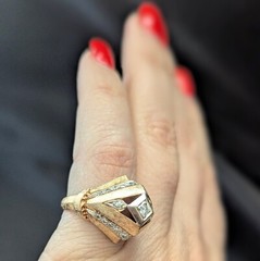Vintage 1940s Retro Diamond Dome Heavy Ring 14k Two-Tone Gold Cocktail