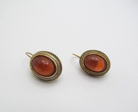 Vintage Gold Tone Orange Oval Dome Filigree Dangle Drop Earrings 1.03 In Drop