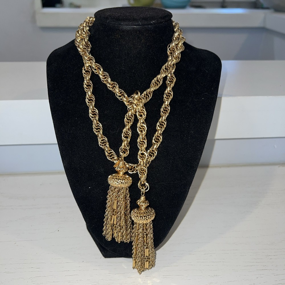 Signed Monet Open End Double Tassel Necklace Belt 36”