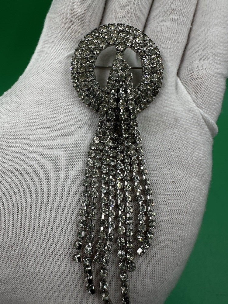 Vintage Weiss Brooch Pin Art Deco w/Dangles Fancy Clear Rhinestone Silver Tone