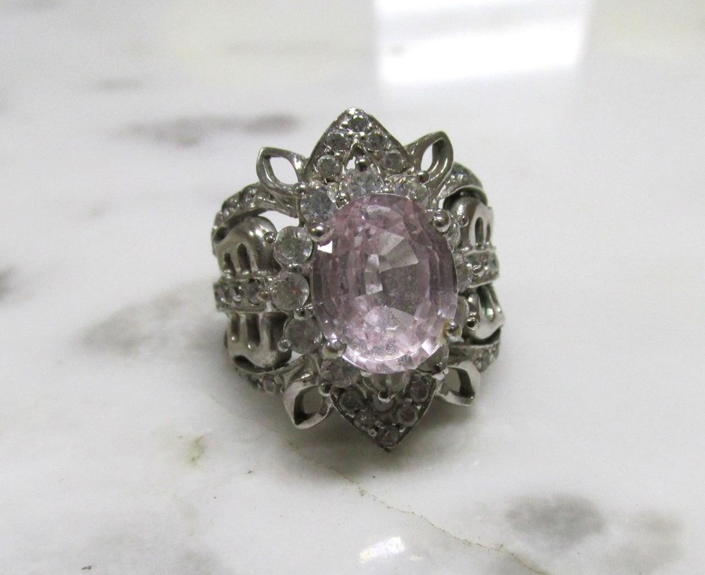 Light Pink Topaz Sterling Silver Cocktail Ring w/ Clear Accents 9g ~ 5-C413