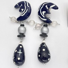 Lot 3 Boho Dangle Earrings Multicolor Moon Flower Beaded Polymer Clay Wood