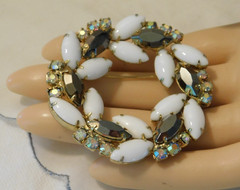 Vintage Milk Glass Navette Aurora Borealis Rhinestone Prong set Brooch 1950-1960