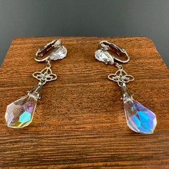 Vintage Earrings AB Crystal Dangle Silver Tone Filigree Briolette Teardrop Clip