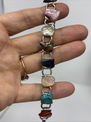 Vintage Link Semi Precious Gem Stone Polished Rocks Clasp Bracelet nuggets