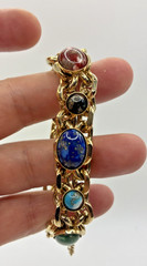 Vintage Bracelet Chunky Gold Tone Multi Color Cabochon Curb Link Safety Chain