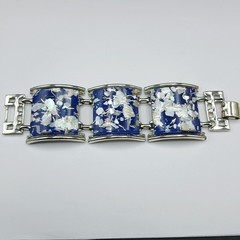 Vintage Lucite Blue White Glitter Confetti Chunky Silver Tone Square Bracelet