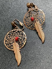 Vintage 2.2” Copper Dream Catcher Red Bead Feather Bohemian Clip Earrings