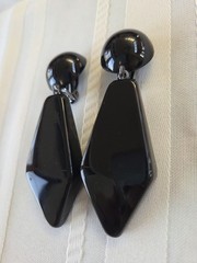 Vintage Black Faceted Drop Dangle Earrings Acrylic Silver Tone 3in Long