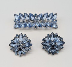 Blue Navette Rhinestone Bar Brooch And Clip On Earrings Open Back