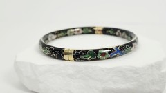 Vintage Chinese Black Cloisonné Enamel Bangle Bracelet Floral Hinged Gilt Brass