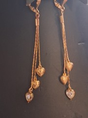 Puffy hearts & crystal bezel-set heart tassel earrings, multi chain, cascading