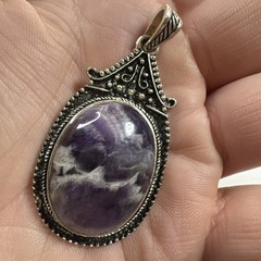 Vintage Imitation Amethyst Pendant Oblong 2 ” Silver Tone Metal