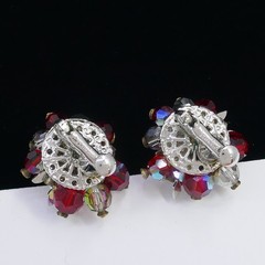 VINTAGE VENDOME AURORA BOREALIS CRYSTAL RED BEAD CLUSTER CLIP-ON EARRINGS