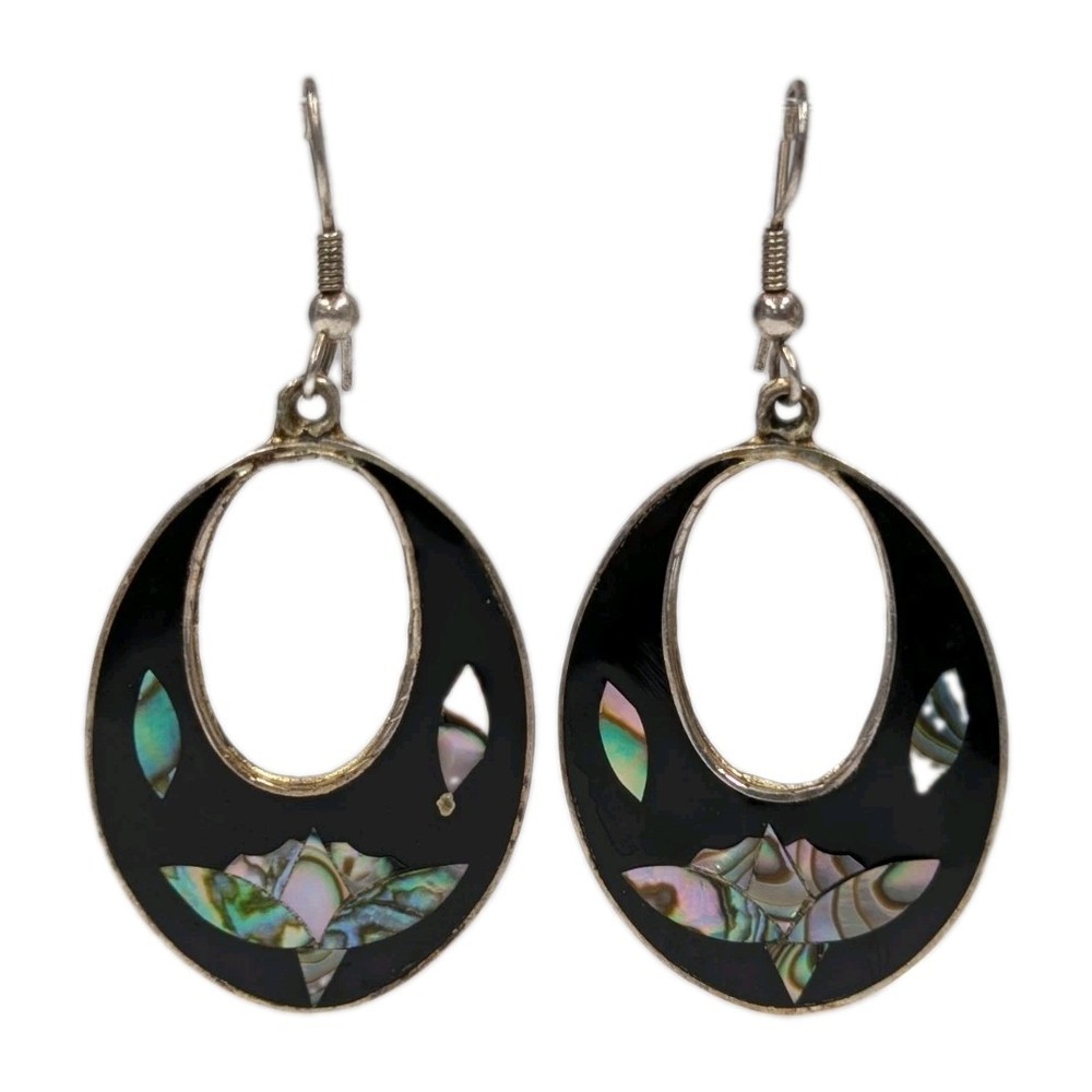 Vintage Alpaca Mexico black earrings with mother of pearl and abalone flowers