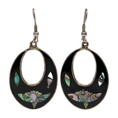 Vintage Alpaca Mexico black earrings with mother of pearl and abalone flowers