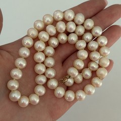 Vintage 9MM Big Genuine Real Pearl Hand Knotted 14K Yellow Gold Necklace 18″