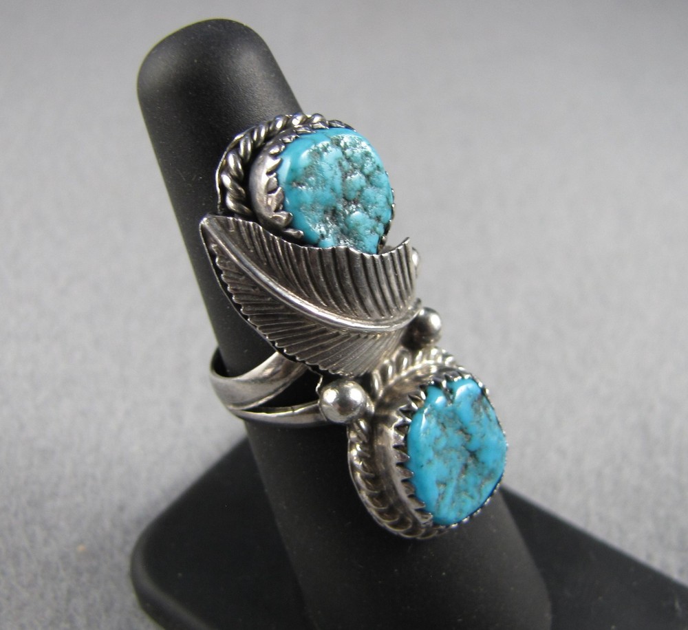Vintage Navajo 2 stone turquoise sterling silver feather ring size 6-3/4 8.0 grm