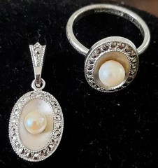 Vintage Theda 925 Sterling Silver Faux Pearl Pendant And Matching Size 6 Ring 💍
