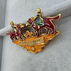 Vintage HERMES Paris Enamel Brooch Dog & Girl Gold Tone Cloisonné Pin France