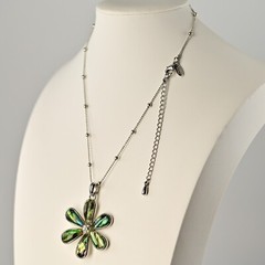 LIA SOPHIA Original Vintage Signed Abalone Flower Lily Pendant Silver Necklace