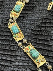 Vintage Egyptian Revival Pectoral Statement Necklace Glaze Soapstone Scarab Gilt