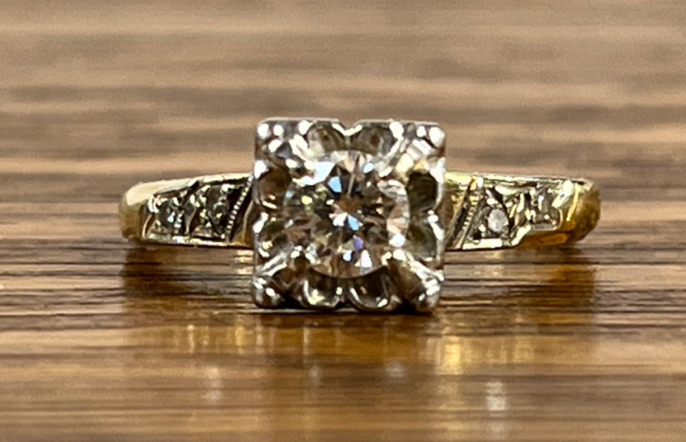 1940’s Vintage 4.2mm Natural Diamond 14K Gold Platinum Hallmark Engagement Ring
