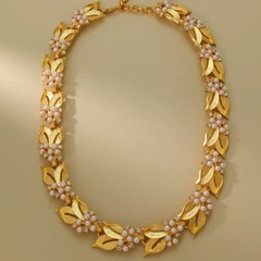 Vintage Style Pearl Jewelry Set Gold Leaf Necklace Bracelet Brooch & Earrings