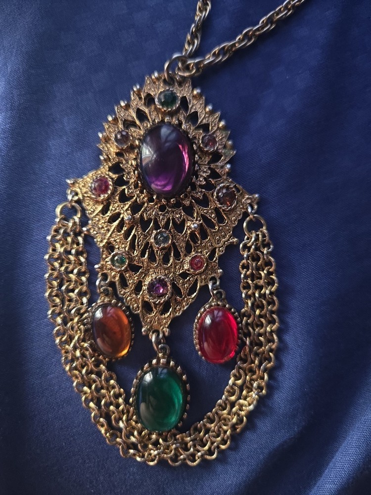 Vtg Mid Century Filigree Pendant Necklace Cabochon Glass 60s 70s Boho