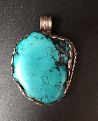 Vtg Lg Irregular Turquoise Pendant In Silvertone Setting