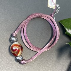 Vintage Necklace Murano Art Glass 24K Gold Fleck Red Pendant Pink Silk Necklace