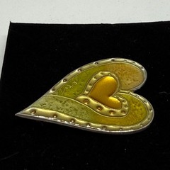 Y2K Vintage Laurel Burch Signed Heart Brooch Green Yellow Enamel Jewelry Pin Art