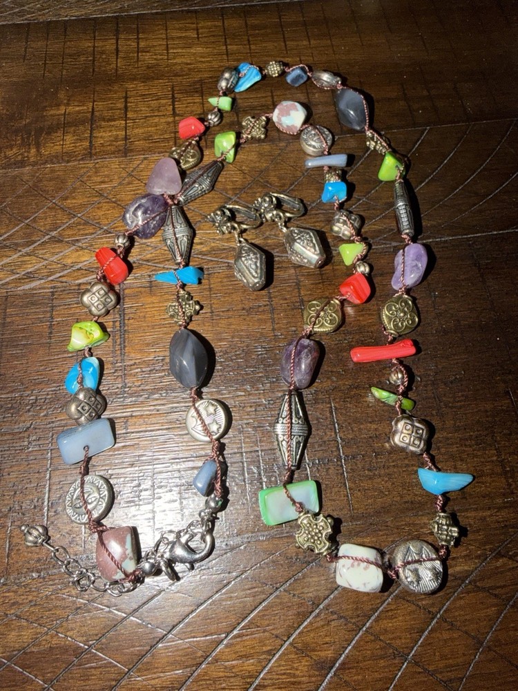VTG Silver,Gold, Multi Colored Stone Necklace And Earrings Set 32’