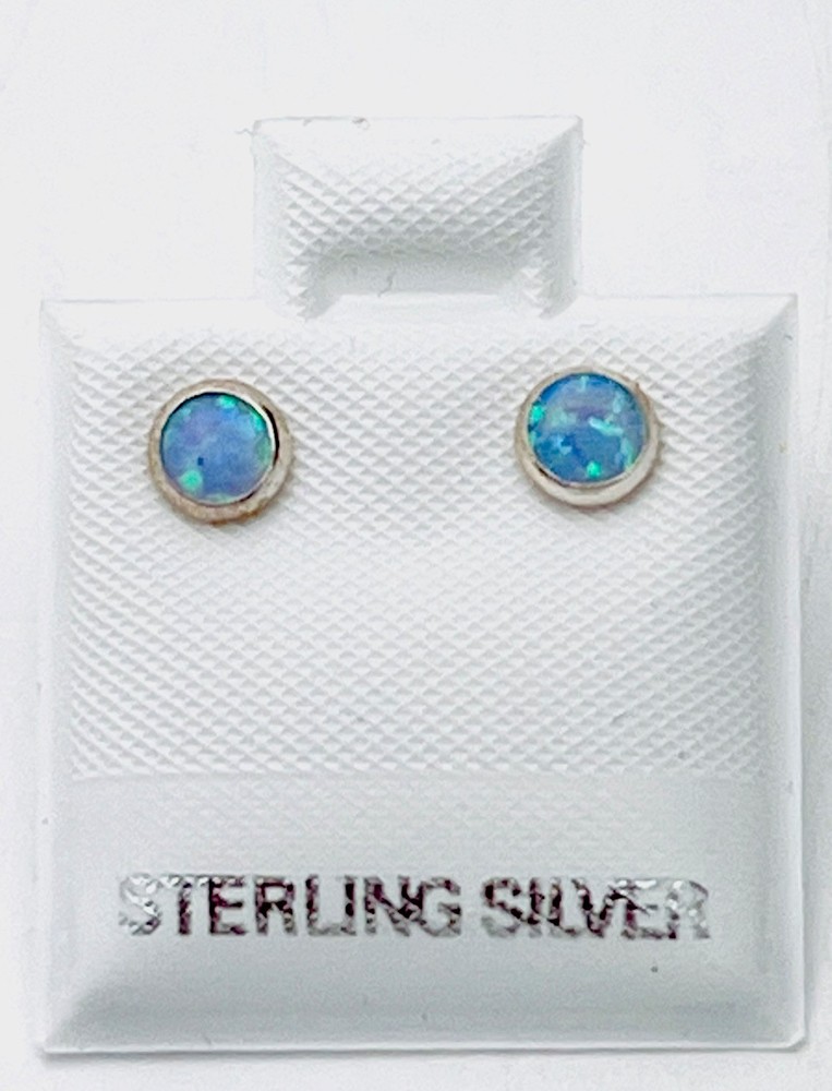 925 Sterling Silver Lab Created Round Light Blue Fire Opal Stud Pierced Earring
