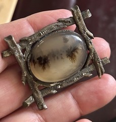 Antique Victorian Framed Etched Rustic Shazar Moss Agate Date 1908 Brooch Silver