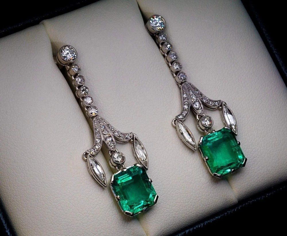 Art Deco Antique Dangle Earrings 14K White Gold Over 3 Ct Lab Created Emerald