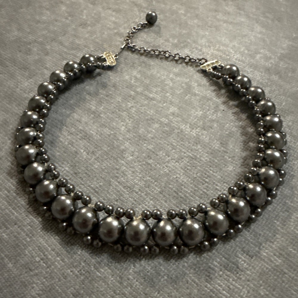 Vintage Black Pearl Iridescent Twisted Strung Bead Choker Necklace Goth