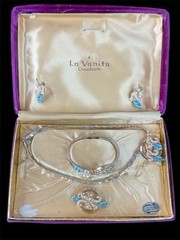 Vintage 1940’s “La Vanita Creation” 24K Gold Plated Jewelry Set Blue Earrings