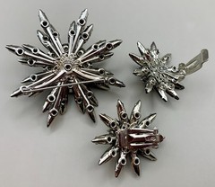 Vintage Judy Lee Brooch Earrings Set Black Navette Clear Rhinestone Flower