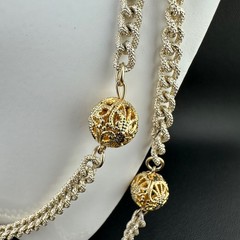 Vintage Chain Necklace Textured Gold Tone Filigree Station Ball Long Flapper 52″