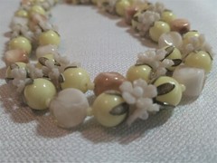 Vintage Beaded Yellow, Peach & Creme Double Strand Floral Lucite Necklace 17in
