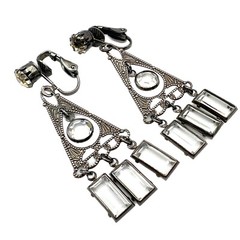 Vintage Art Deco Style Rhinestone Glass Dangle Silver Tone Clip On Earrings 2″