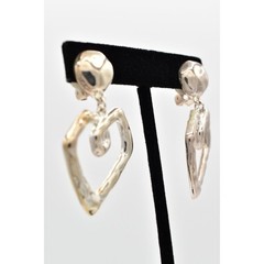 Vintage Heart Clip Pm Earrings Dangle Silver Heavy Cursive Chunky NOS 80s BinA4