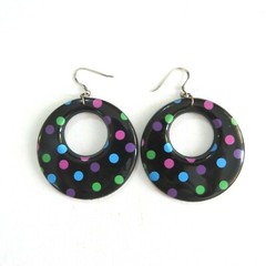 Vintage Lucite Hoop Dangle Earrings Polka Dot Sterling Hook 2.5 In