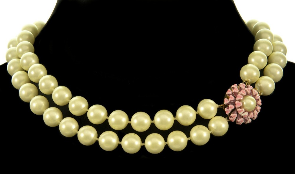 ANTIQUE ART DECO ENAMEL 2-STRAND LUCITE PEARL BEAD NECKLACE C.1920